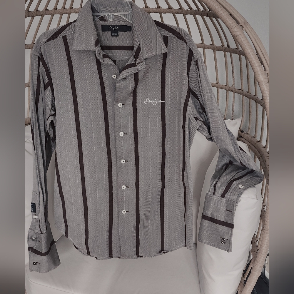 Sean John Shirt Mens Brown Tonal Diagonal Striped Cotton LS Button Front Size L